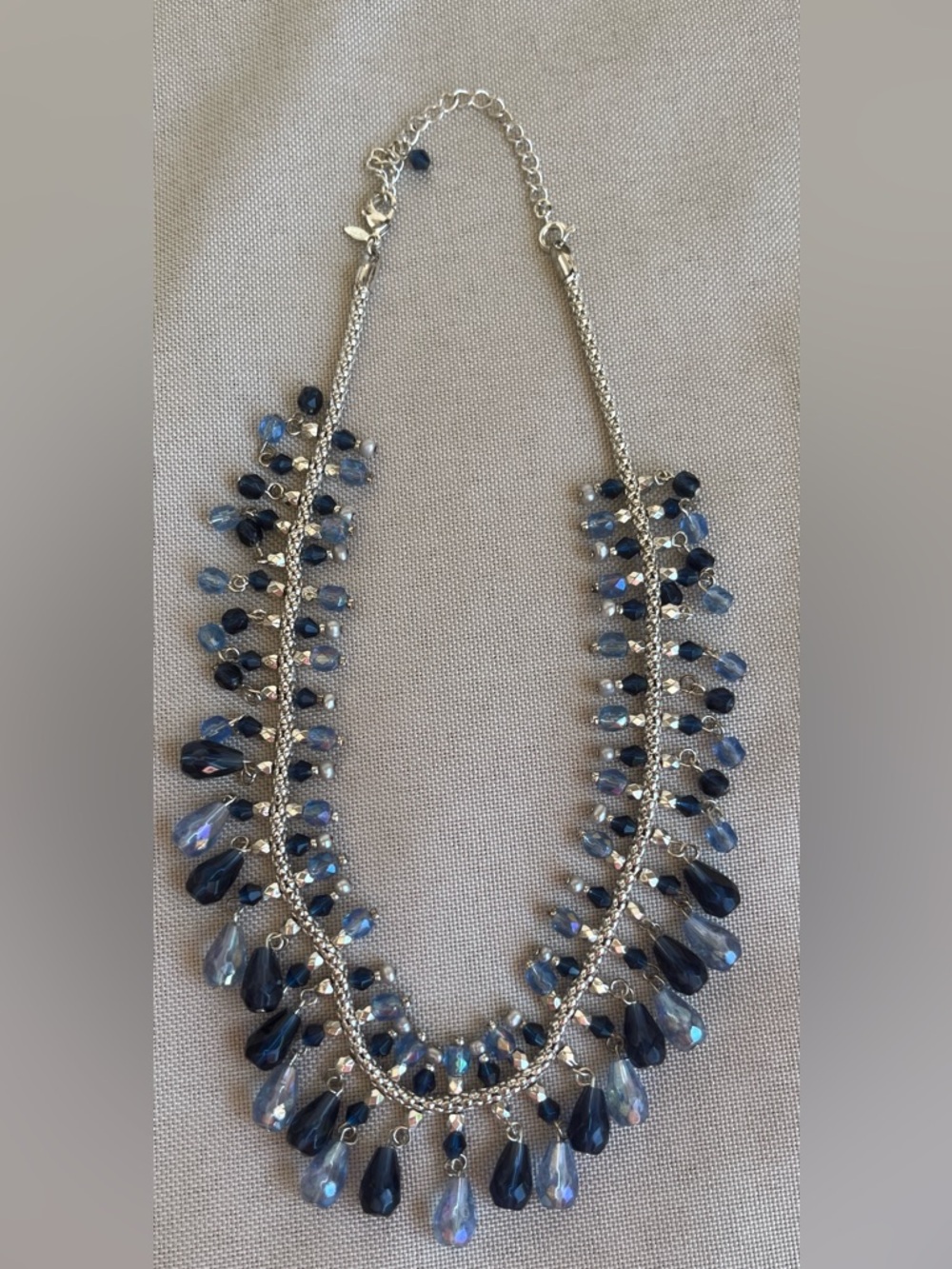Vintage Avon necklace/ adorned with blue Siridescent aurora borealis glass beads